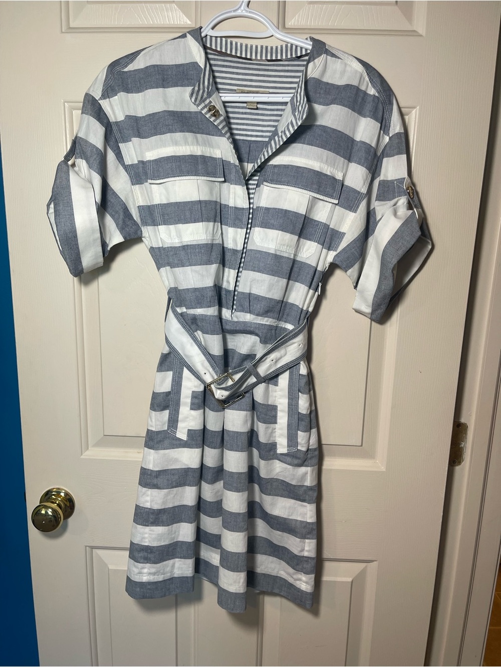 Burberry Brit Blue & White Striped Belted Shirt Dress Size 4 - Picture 3 of 16